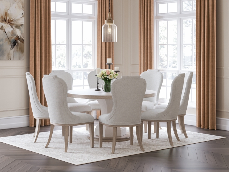 Round Pedestal Dining Set: Creamy White Upholstered Wingback Chairs, 9 Piece