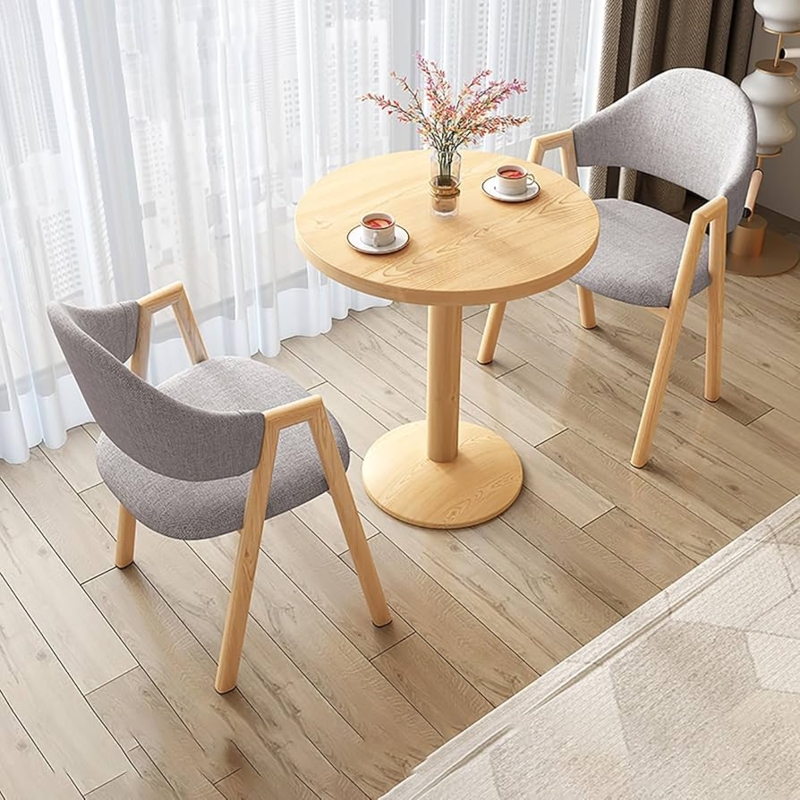 Round Pedestal Dining Set Light Wood Honey Finish Grey Curved Chairs