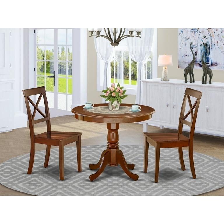 Round Pedestal Dining Set with Antique Style X-Back Wood Chairs