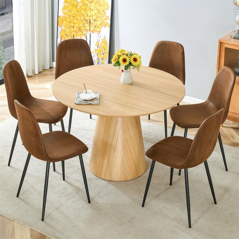 Round Pedestal Dining Set with Brown Upholstered Chairs