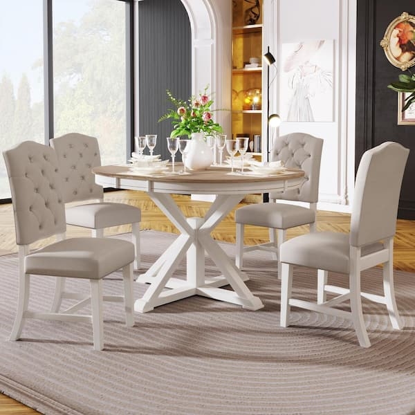 Round Pedestal Dining Set with Button Tufted Upholstered Chairs