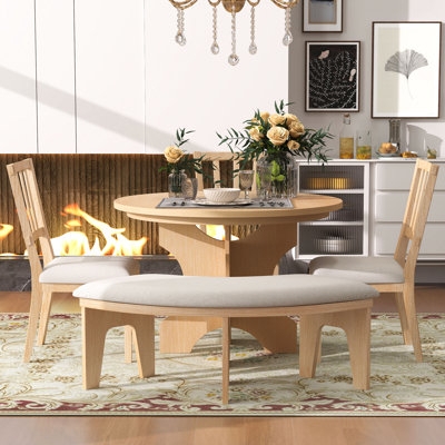 Round Pedestal Dining Set with Curved Bench and Slat Backs