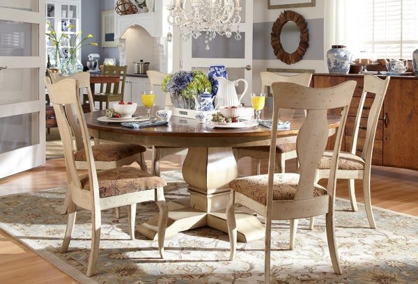 Round Pedestal Dining Set with Splat Back Chairs and Distressed Whitewash