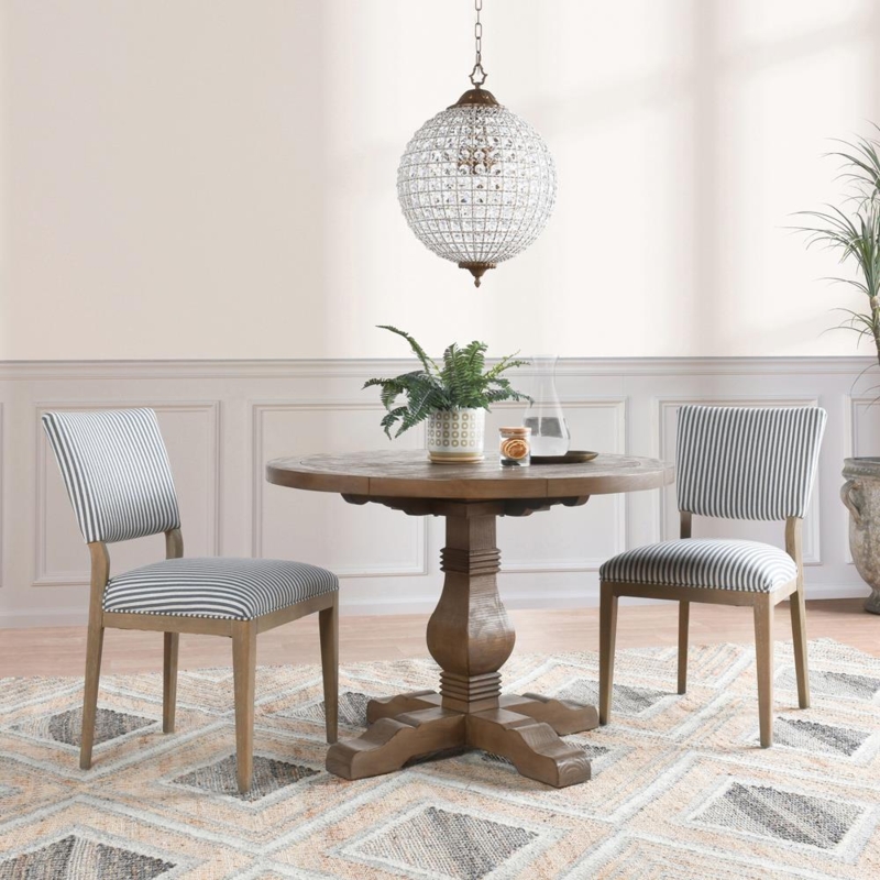 Round Pedestal Dining Table Carved Details Wood Toned Finish Transitional