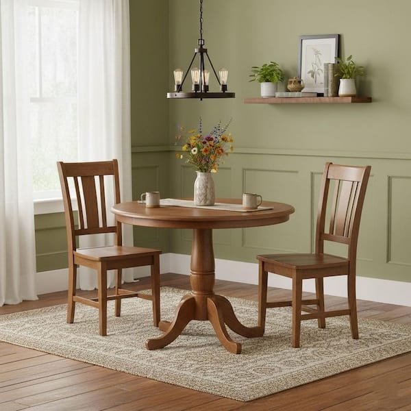 Round Pedestal Dining Table Distressed Oak Finish Farmhouse Style