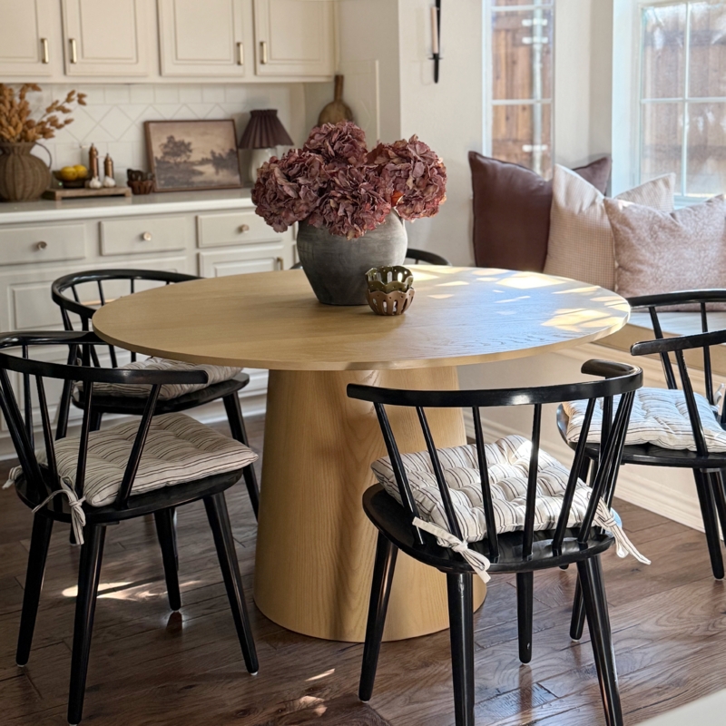 Round Pedestal Dining Table Light Oak Modern Farmhouse Black Accents