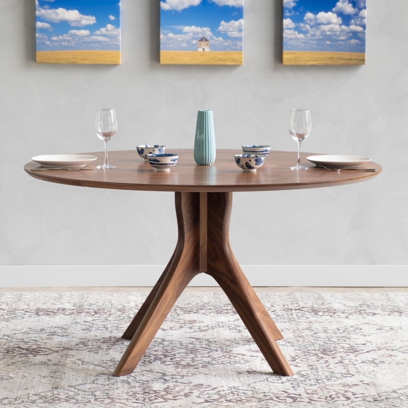 Round Pedestal Dining Table, Sculptural Tripod Base, Warm Wood Finish, Handmade, Mid-Century