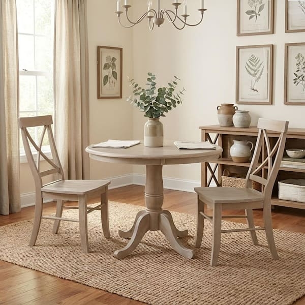 Round Pedestal Dining Table Weathered Taupe Gray Wood Rustic