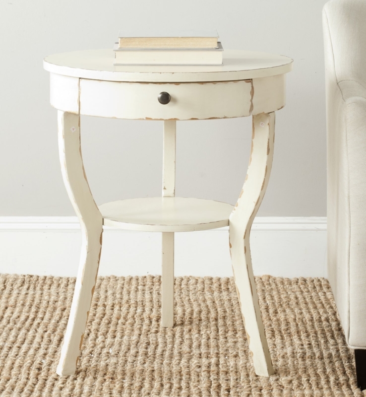 Round Pedestal End Table in Distressed Vintage Cream Finish