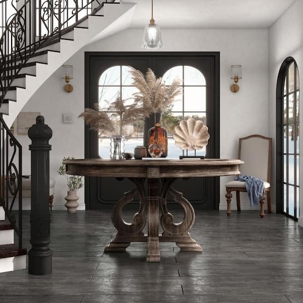 Round Pedestal Table Brown Wood Ornate Scroll Base Traditional