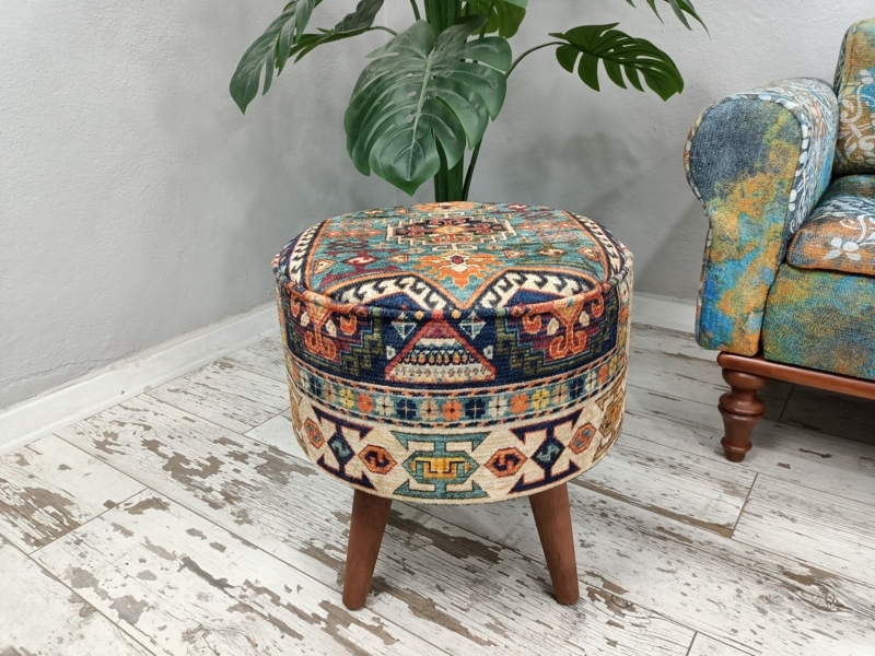 Round Pouf Emerald Green Velvet Ribbed Sides Button Tufted