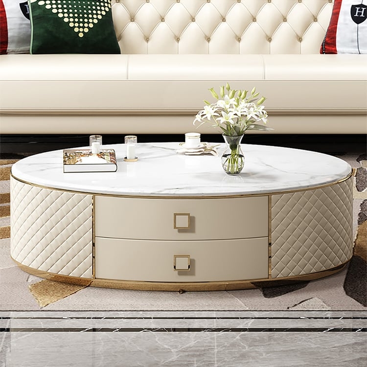 Round Quilted Coffee Table Cream Leather Like Stone Top Gold Trim