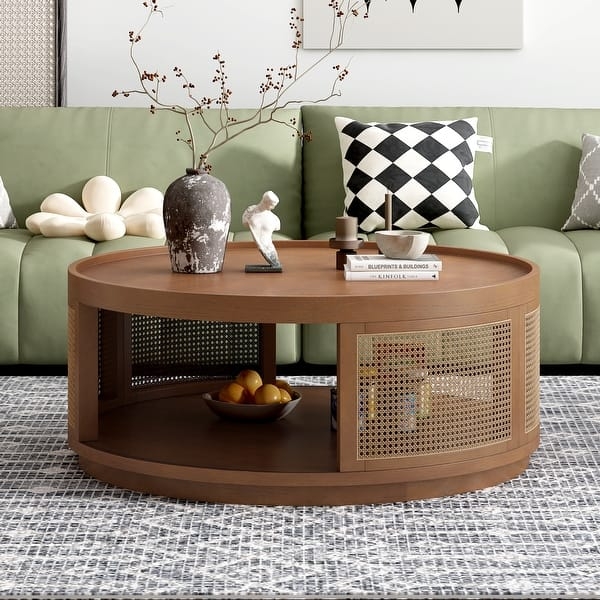Round Rattan Coffee Table, Mid Century Drum Base with Woven Sides