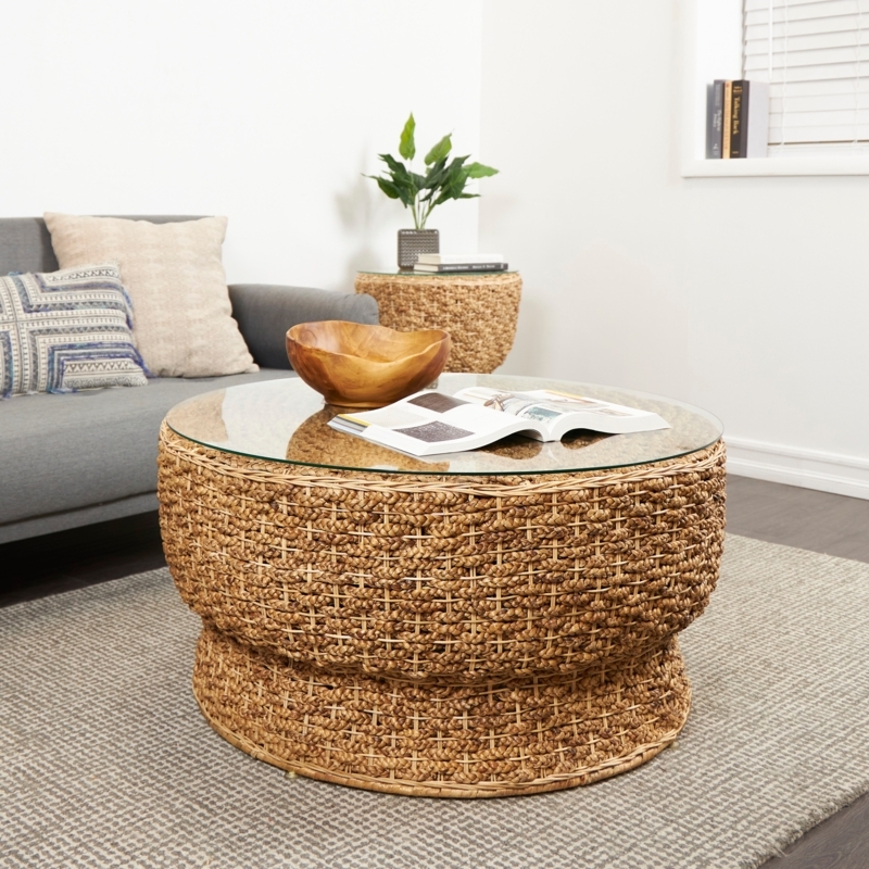 Round Rattan Coffee Table with Glass Top, Tapered Double Tier Base