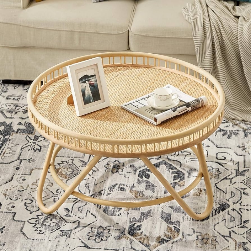 Round Rattan Coffee Table with Tray Top and Bent Pole Legs