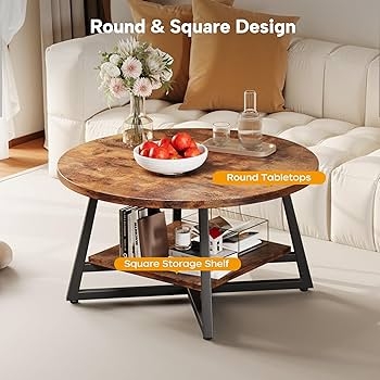 Round Rustic Coffee Table featuring Square Storage Shelf Mix