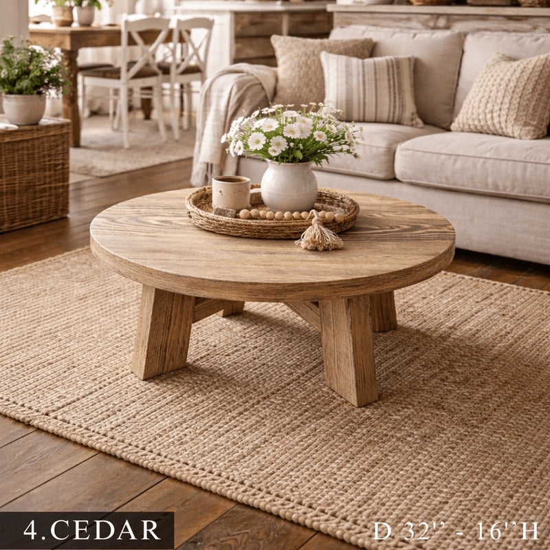 Round Rustic Wood Coffee Table Thick Block Legs Prominent Grain