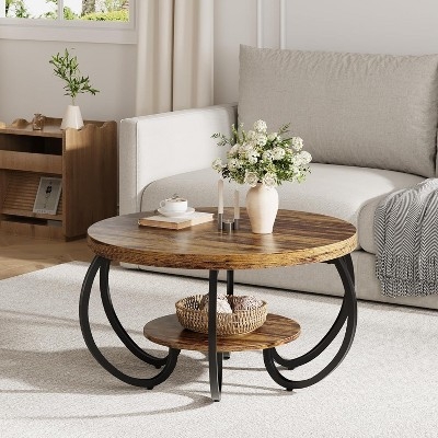 Round Rustic Wood Coffee Table with Curved Metal Legs and Storage