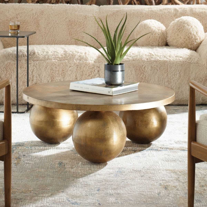 Round Sculptural Coffee Table with Spherical Legs in Antique Brass