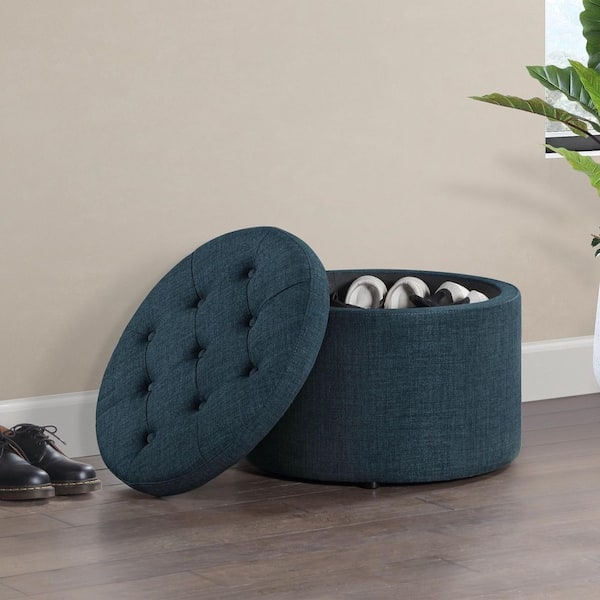 Round Shoe Storage Ottoman Dark Blue Linen Tufted Lid
