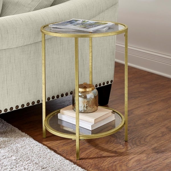 Round Side Table Slender Gold Leaf Finish Two Tier Glass