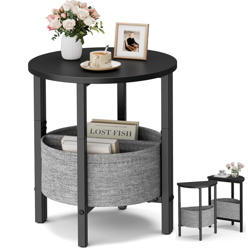 Round Side Table with Basket, Modular Black Half-Moon Set