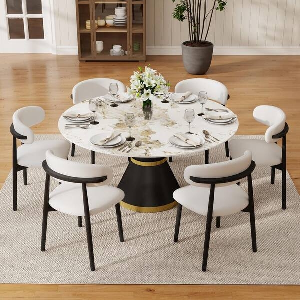 Round Sintered Stone Dining Table: Black Metal Pedestal Base, White Chairs