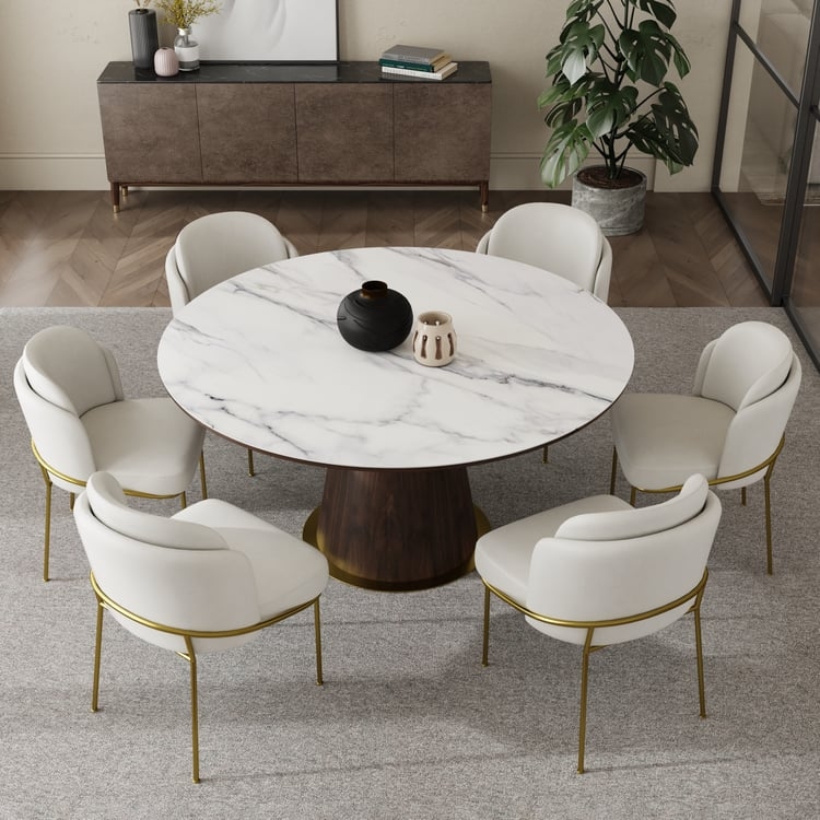 Round Sintered Stone Dining Table, Conical Pedestal Base, Gold-Toned Chairs, Modern