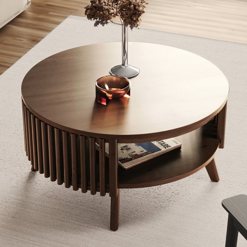 Round Slatted Coffee Table, Dark Walnut Storage with Tapered Legs