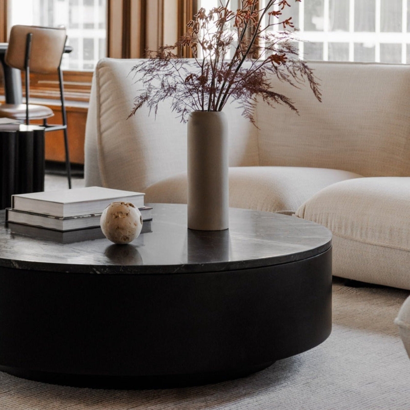 Round Stone Coffee Table, Low Profile Drum Base, Minimalist Style