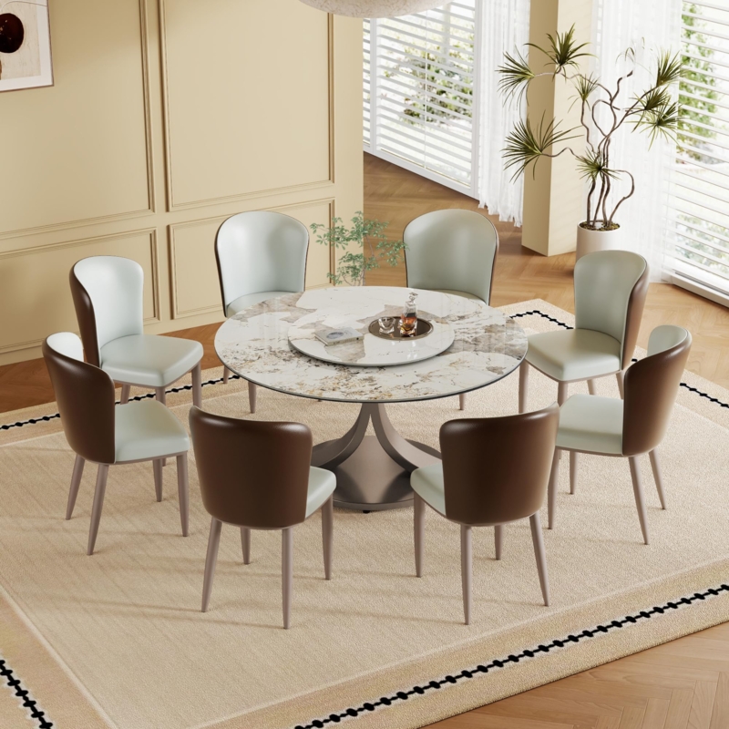 Round Stone Dining Set: Removable Lazy Susan, Two Tone curved Chairs, 9 Piece