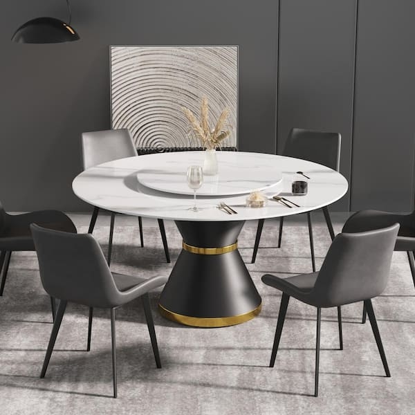Round Stone Dining Table: Hourglass Pedestal Base, Gold Rings, Lazy Susan