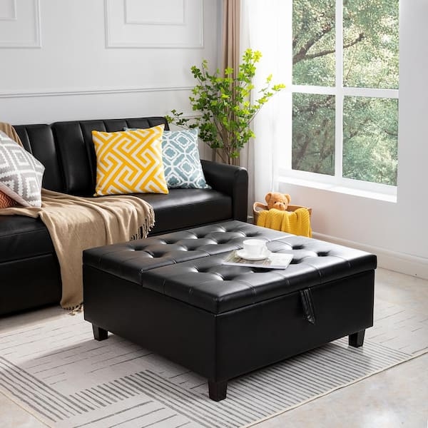 Round Storage Ottoman Black Faux Leather with Contrast Stitching