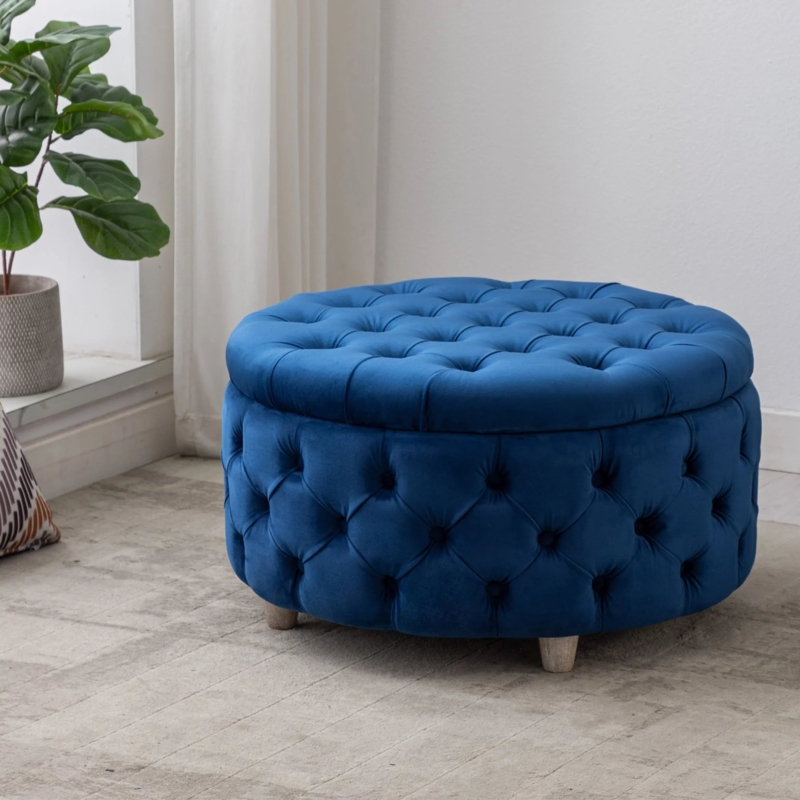 Round Storage Ottoman Cobalt Blue Velvet Button Tufted