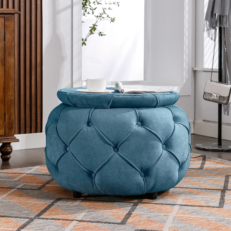 Round Storage Ottoman Dusty Blue Woven Burlap Texture Tufted