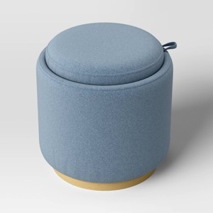 Round Storage Ottoman Light Blue Woven Fabric Pull Tab Wood Base