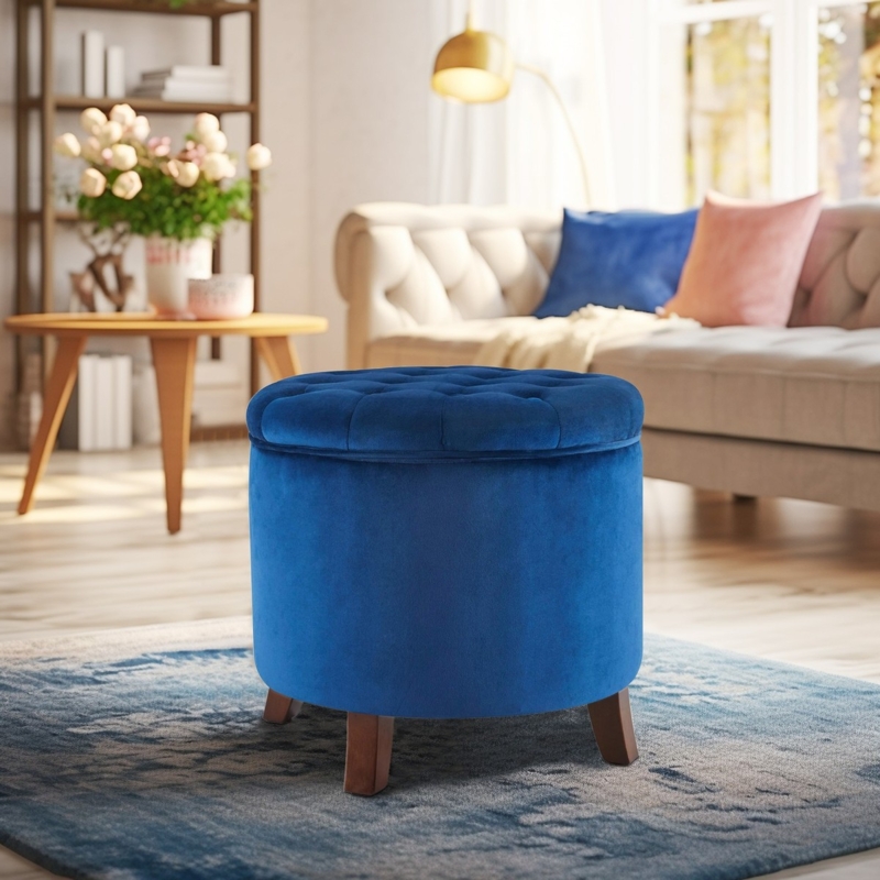 Round Storage Ottoman Navy Velvet Button Tufted Tapered Wood Legs