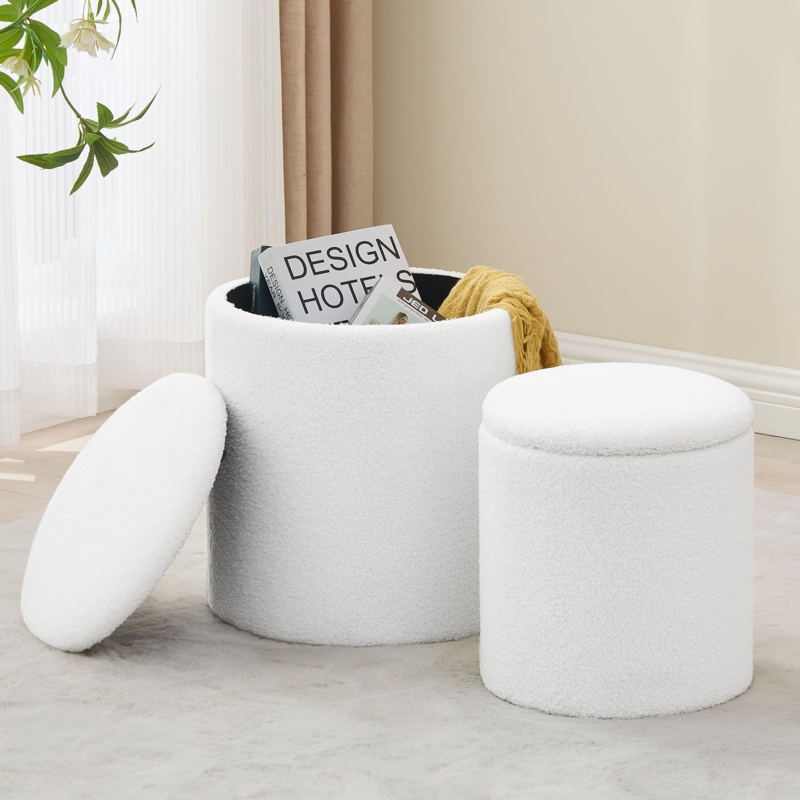 Round Storage Ottoman Set White Boucle Textured Footrest