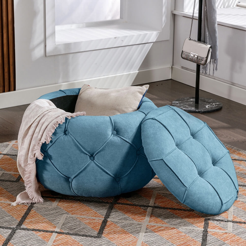 Round Storage Ottoman Teal Blue Button Tufted Woven Fabric Seat