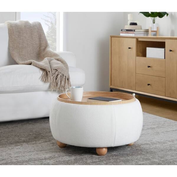 Round Storage Ottoman with Recessed Wood Tray Top and Ball Feet