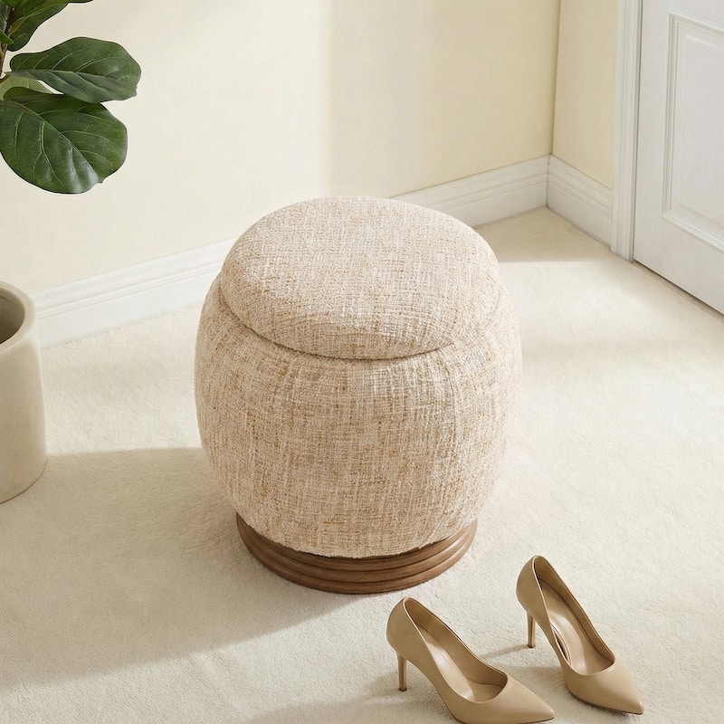 Round Storage Pouf in White Sherpa with Wood Base