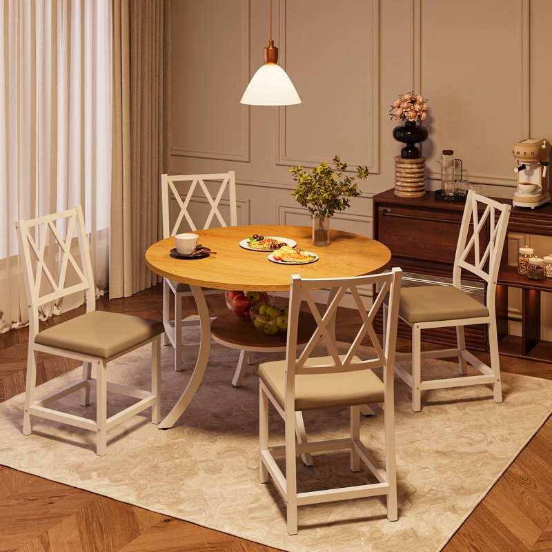 Round Table With Shelf White X Back Chairs Transitional Dining Set