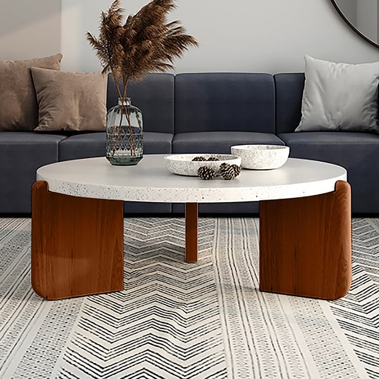 Round Terrazzo Coffee Table with Curved Walnut Wood Legs