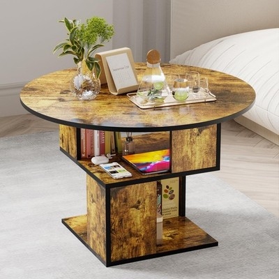 Round Three-Tier Coffee Table with Divided Cubby Storage in Caramel