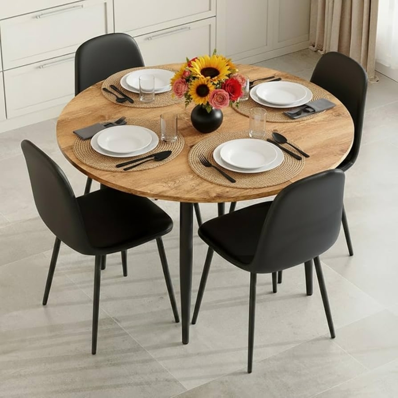 Round to Oval Dining Set Black Tapered Legs Extendable Table