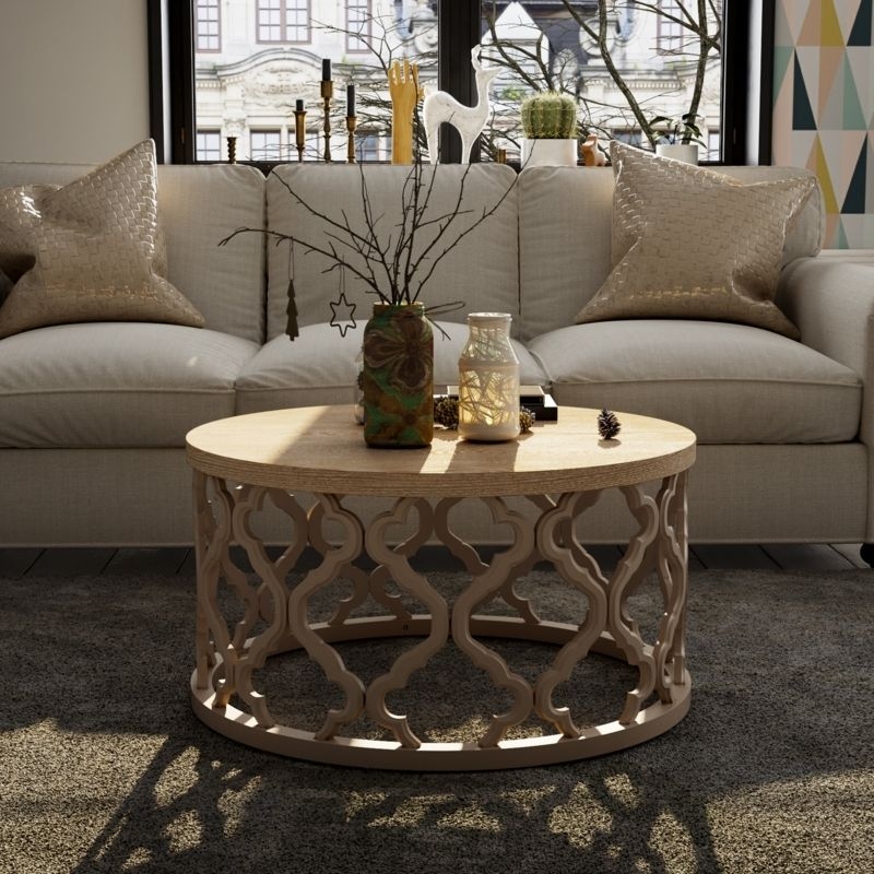 Round Transitional Coffee Table Openwork Scrolling Lattice Wood Top