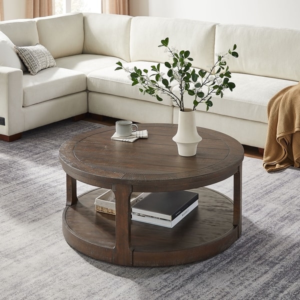 Round Two-Tier Coffee Table Dark Brown Wood Curved Supports