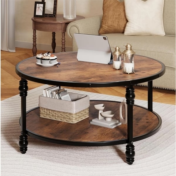 Round Two-Tier Coffee Table with Rustic Wood and Turned Metal Legs
