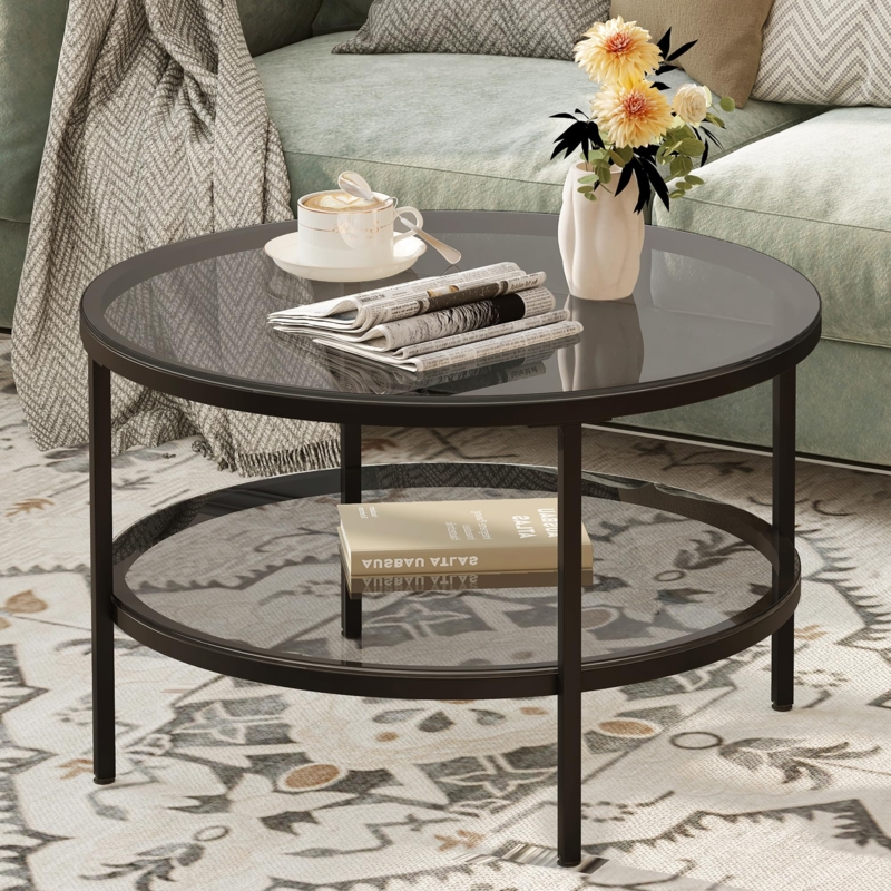 Round Two-Tier Coffee Table with Tinted Glass and Matte Black Frame