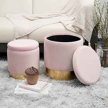 Round Velvet Storage Ottoman Set with Gold Base